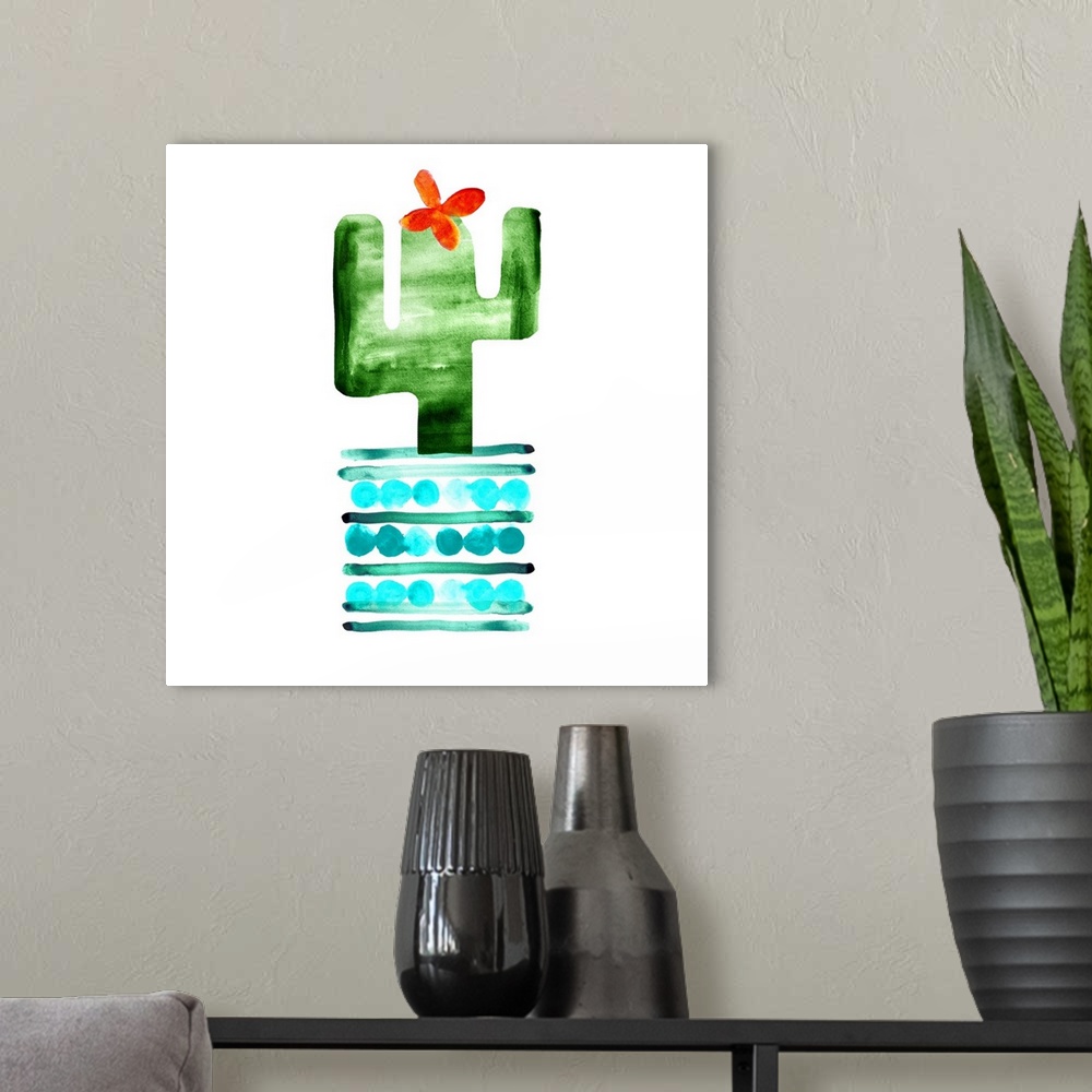 A modern room featuring Colorful painting in a simplest style of a blooming cactus in a teal striped and spotted pot on a...