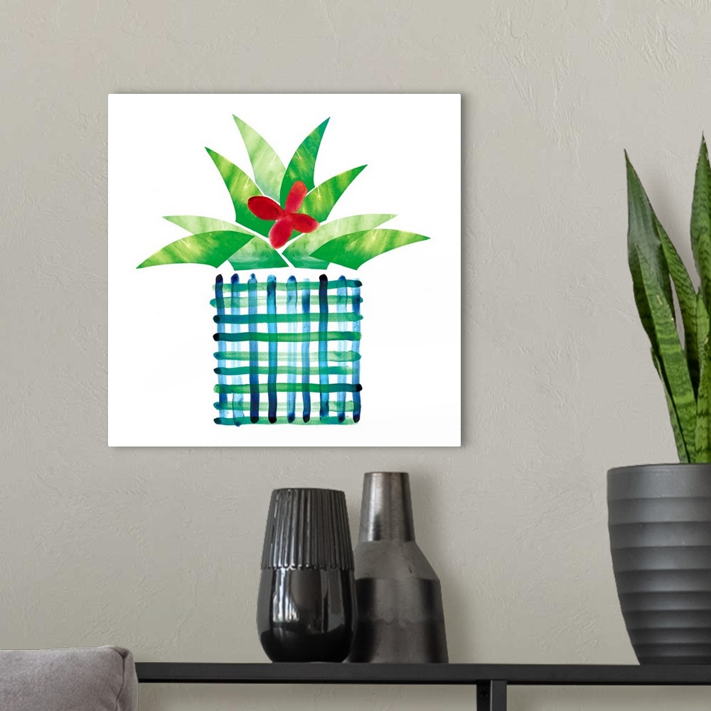A modern room featuring Colorful painting in a simplest style of a blooming cactus in a blue and green plaid pot on a whi...