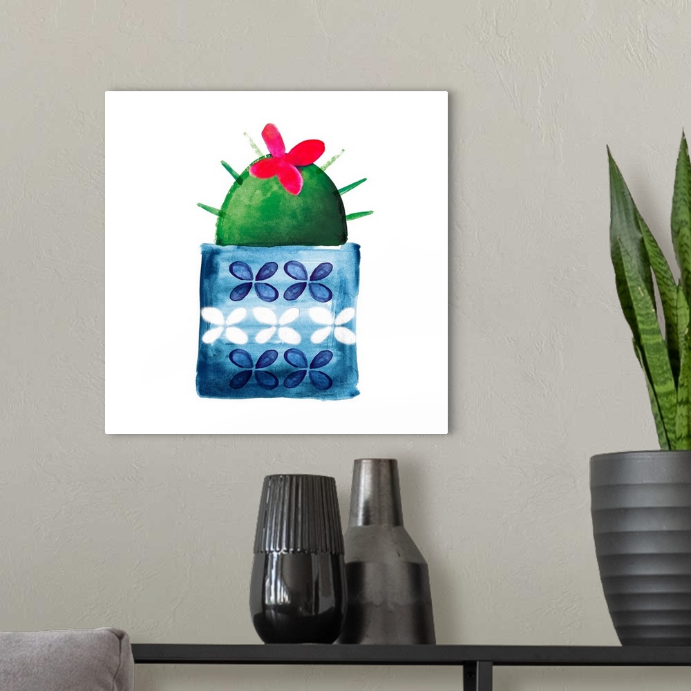 A modern room featuring Colorful painting in a simplest style of a blooming cactus in a blue floral pot on a white backgr...