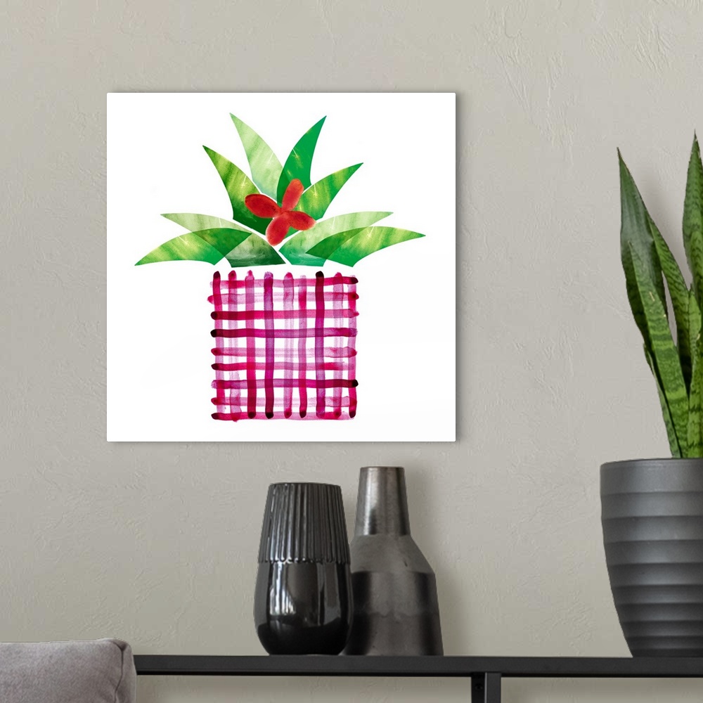 A modern room featuring Colorful painting in a simplest style of a blooming cactus in a pink plaid pot on a white backgro...