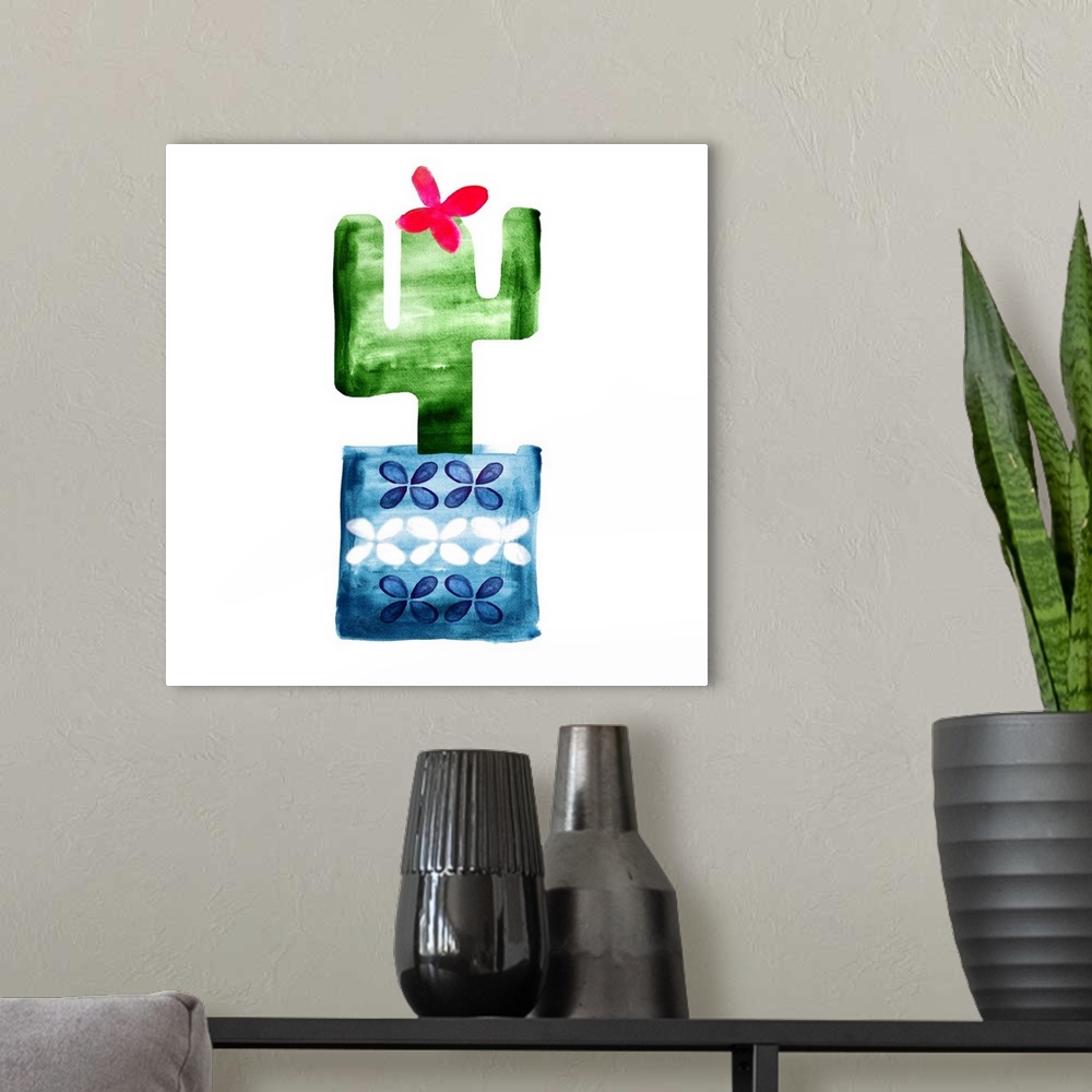 A modern room featuring Colorful painting in a simplest style of a blooming cactus in a blue floral pot on a white backgr...