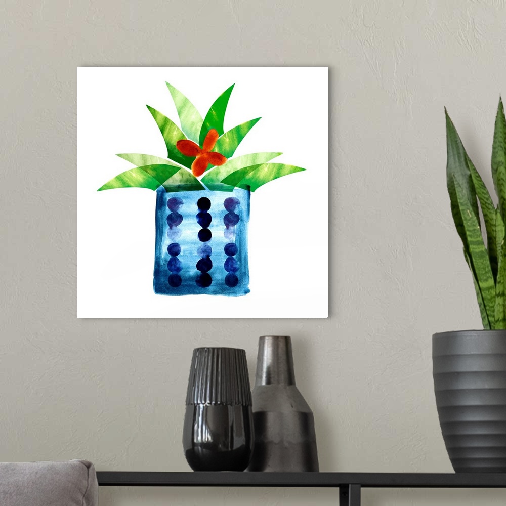 A modern room featuring Colorful painting in a simplest style of a blooming cactus in a blue spotted pot on a white backg...