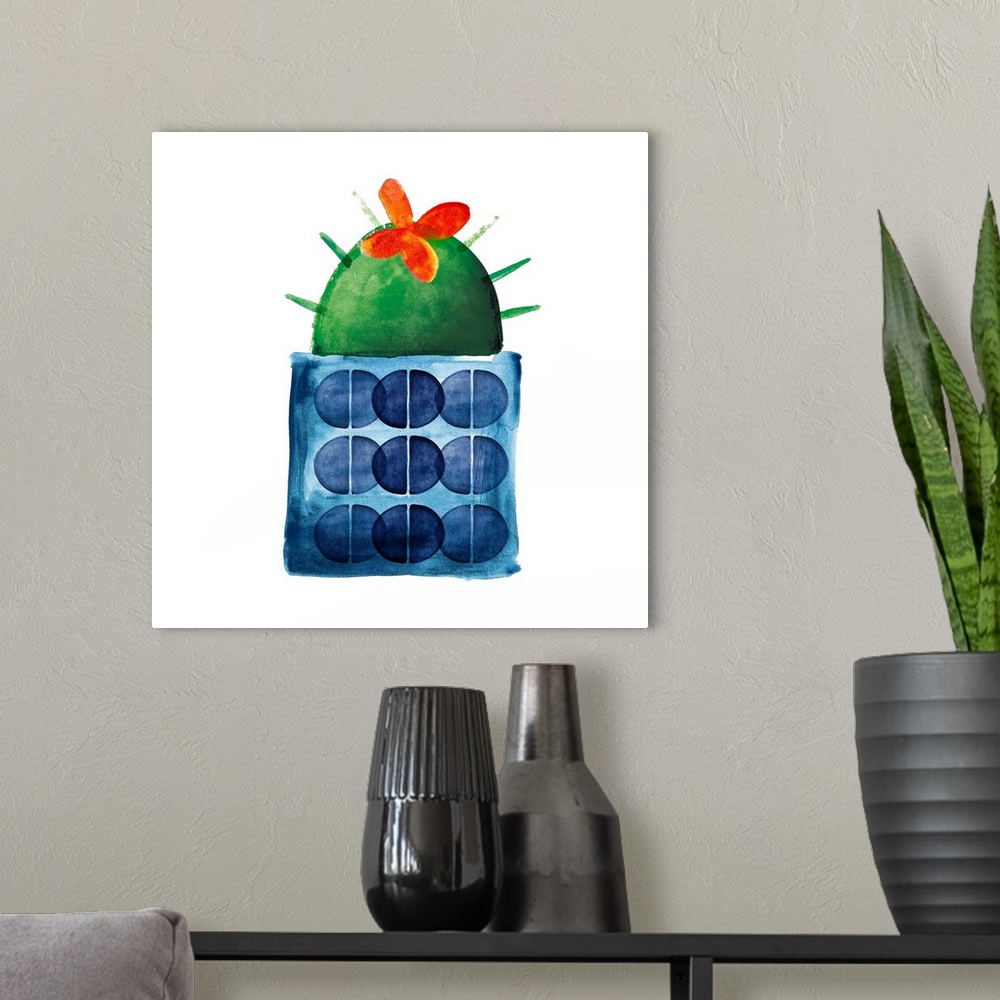 A modern room featuring Colorful painting in a simplest style of a blooming cactus in a blue spotted pot on a white backg...