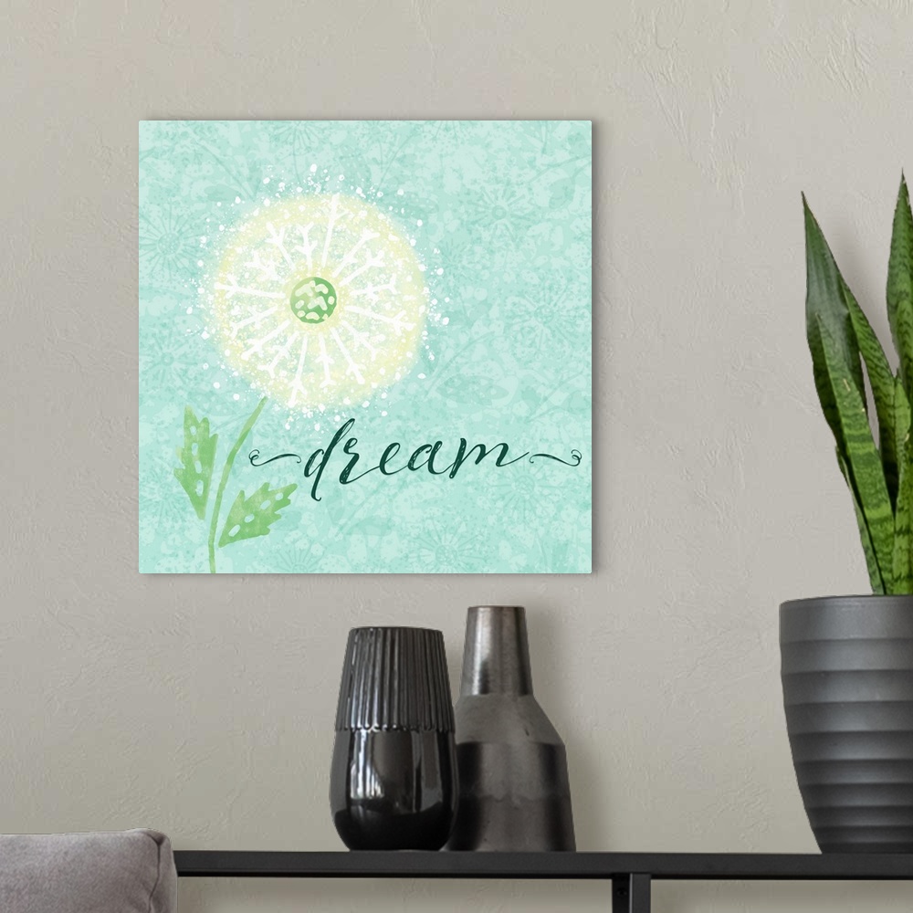 A modern room featuring "Dream" with a white dandelion on a teal background with a floral design.