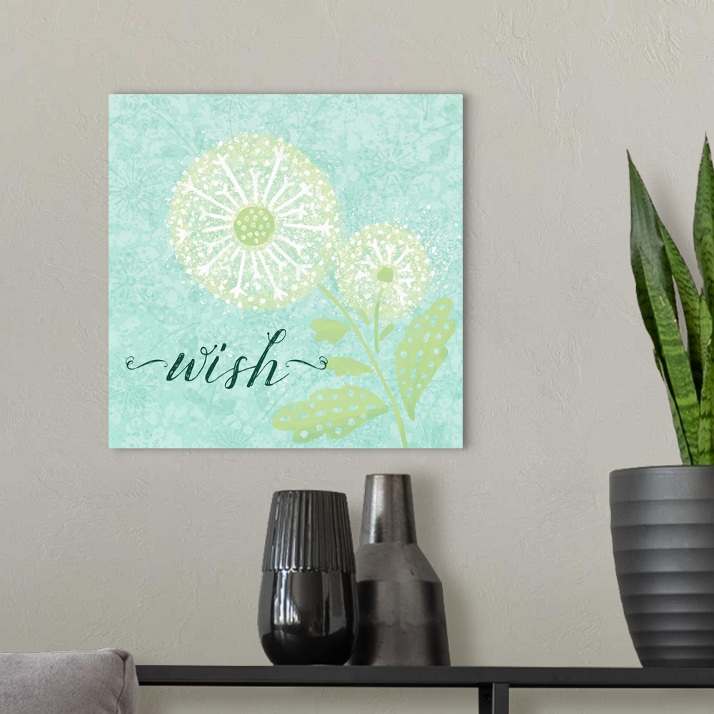 A modern room featuring "Wish" with a white dandelion on a teal background with a floral design.