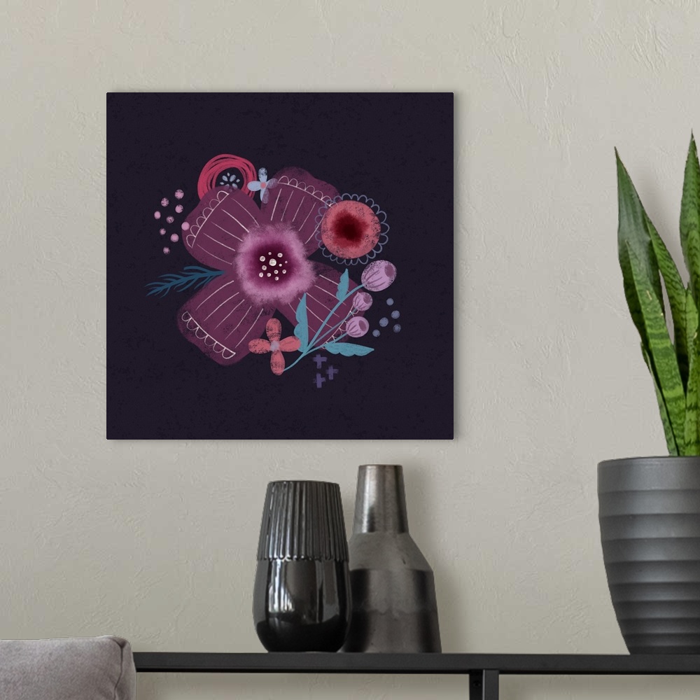 A modern room featuring Modern artwork of purple and pink flowers on a navy backdrop.