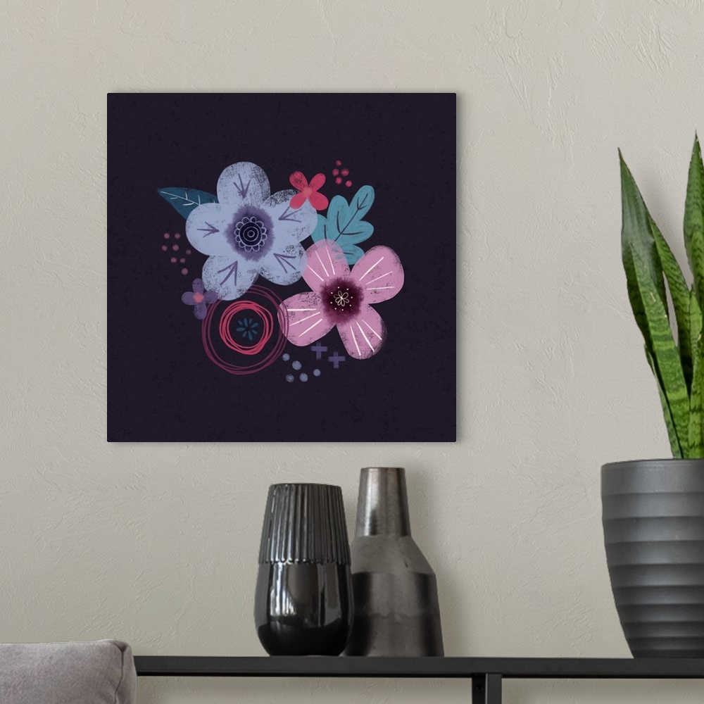 A modern room featuring Modern artwork of purple, pink and teal flowers on a navy backdrop.