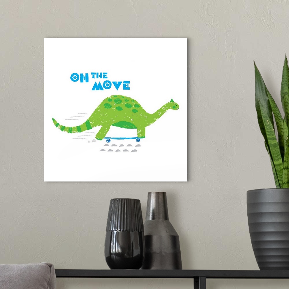 A modern room featuring A darling illustration of a green dinosaur with a skateboard and "On The Move" on a white backgro...