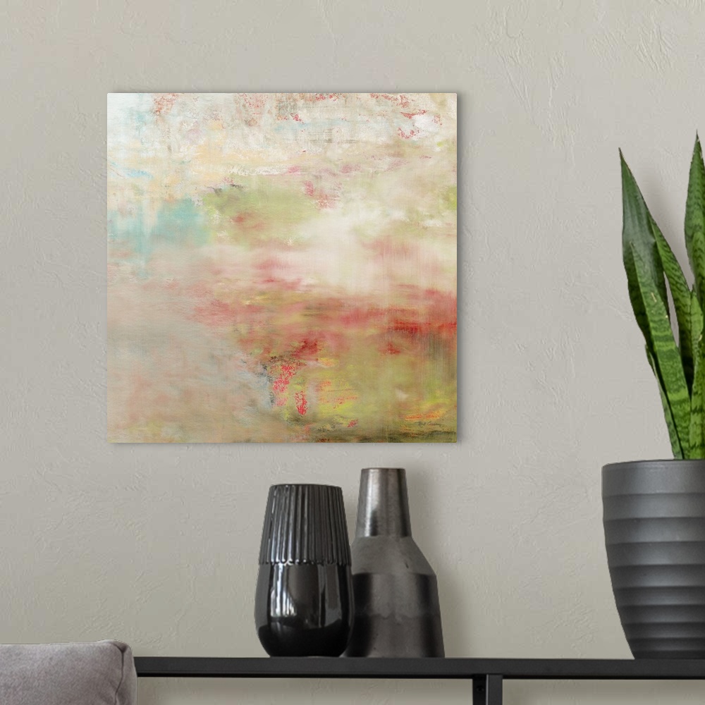 A modern room featuring A square abstract artwork of blended colors of red, blue and brown.