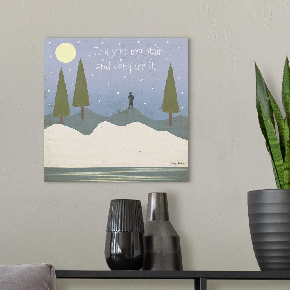 A modern room featuring "Find your mountain and conquer it" with a hiker during night at a lake and wooded hills scene.