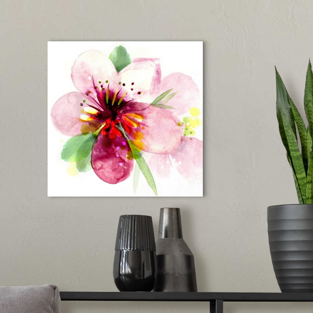 A modern room featuring A vivid watercolor design of a pink flower with yellow accents.