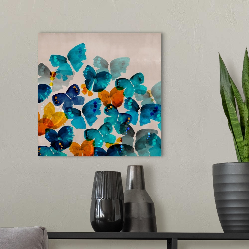 A modern room featuring Contemporary painting of colorful blue, orange and yellow butterflies on a gray background.