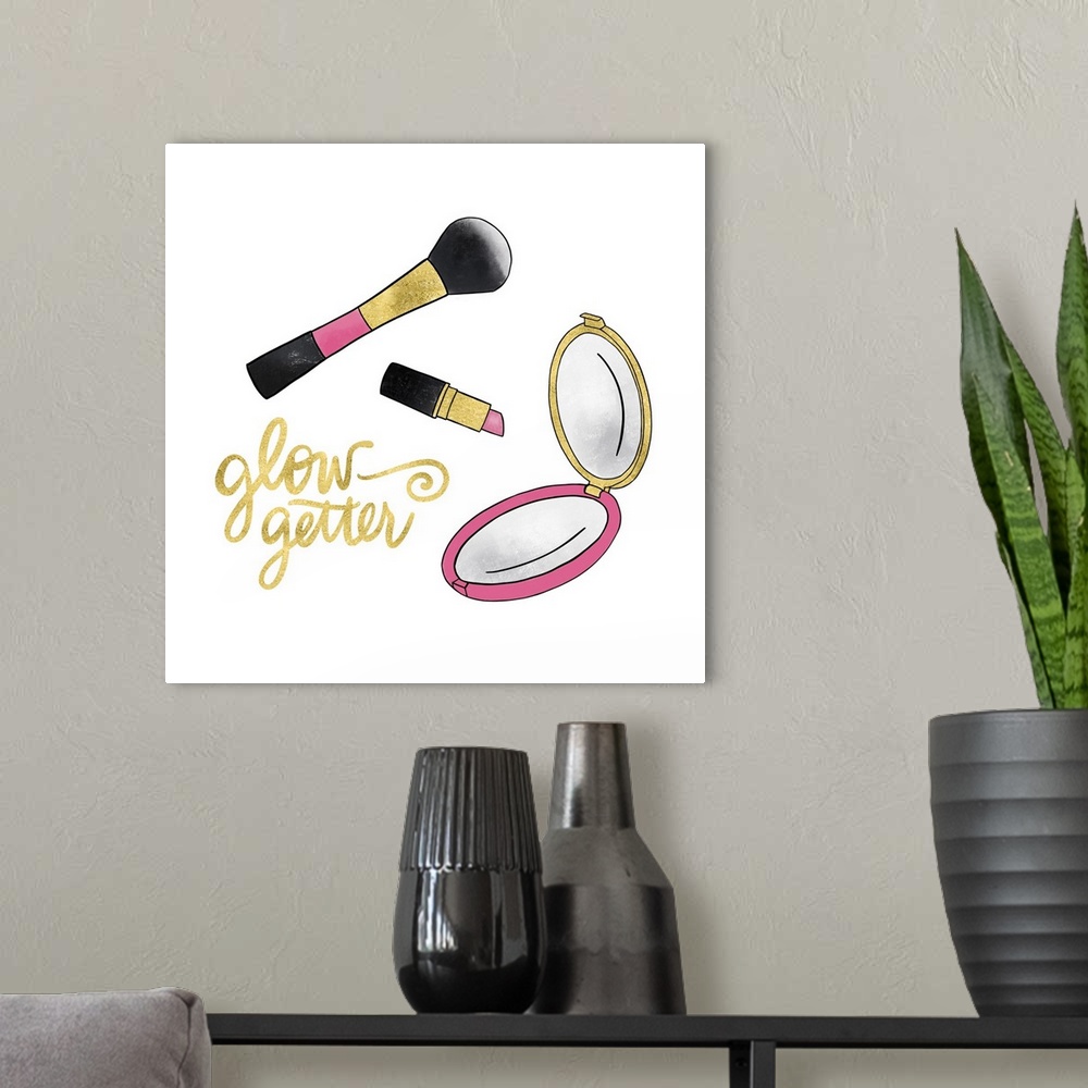 A modern room featuring A feminine decorative design of makeup and "Glow Getter" in metallic gold.