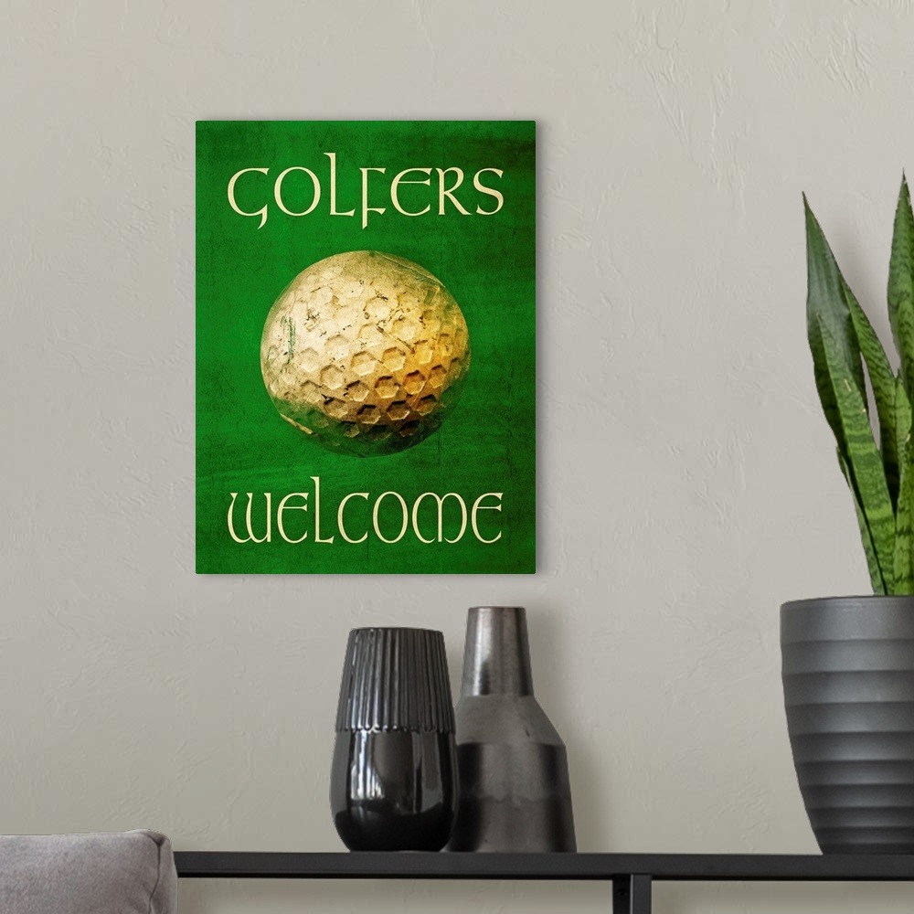 A modern room featuring "Golfers Welcome" with a gold ball on green and a distressed appearance.