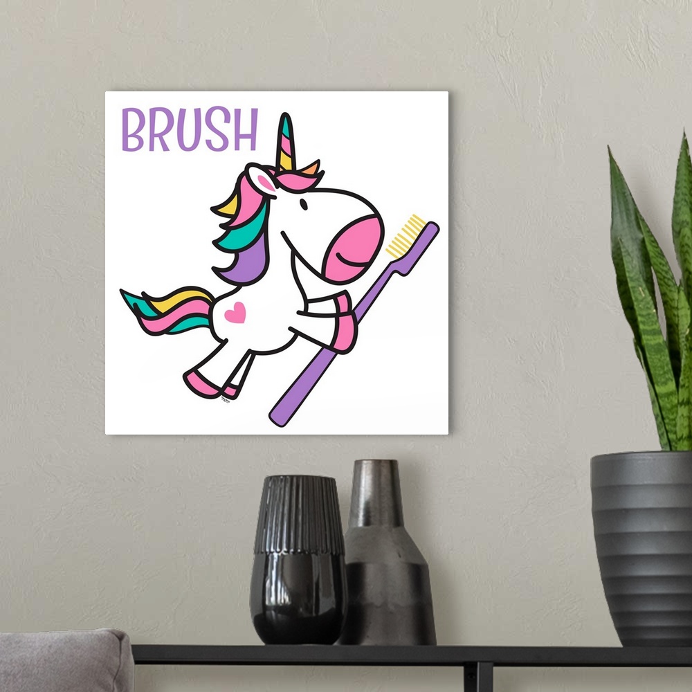 A modern room featuring Adorable decorative illustration of a white unicorn with rainbow hair holding a tooth brush.