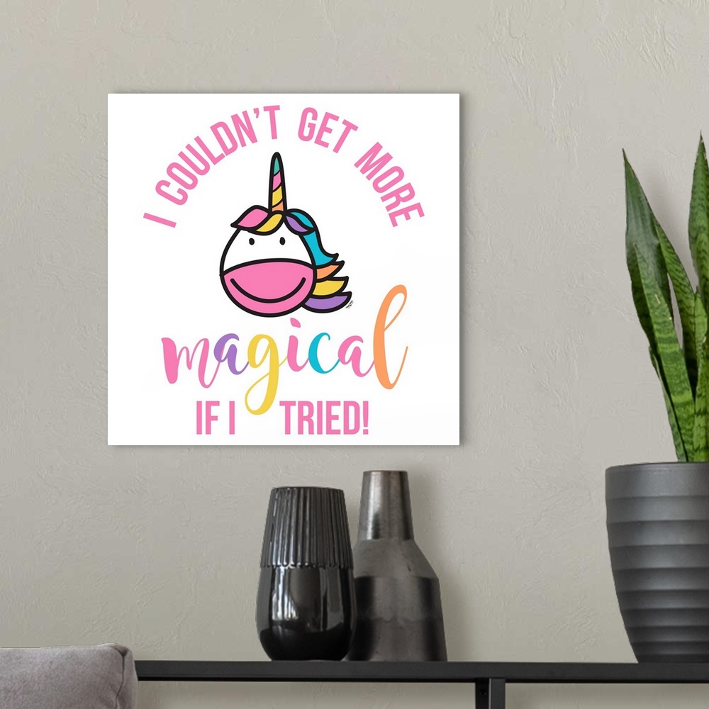 A modern room featuring Adorable decorative illustration of a white unicorn with rainbow hair and "I couldn't get more ma...