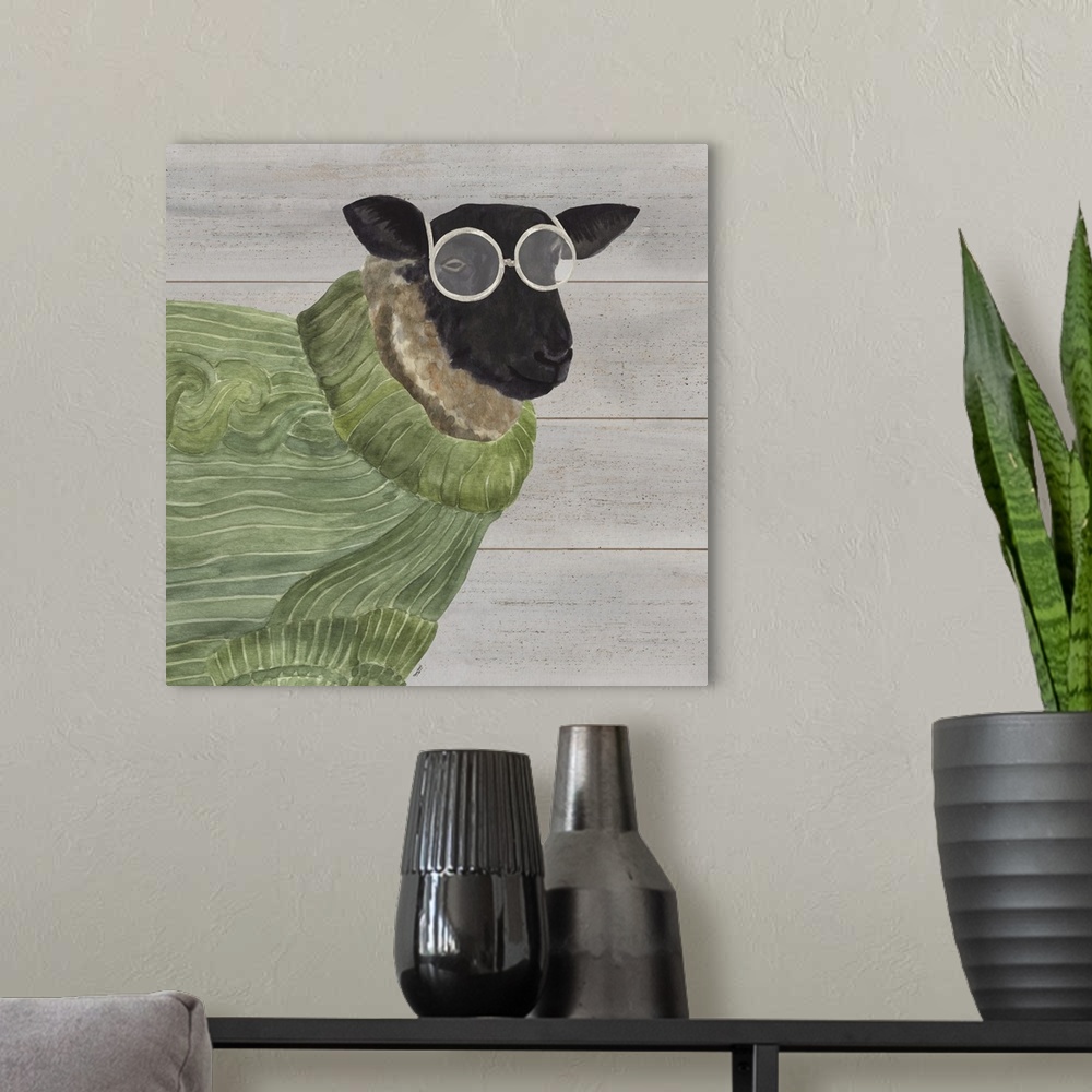 A modern room featuring A sheep wearing a green sweater and glasses against of grey wood background.