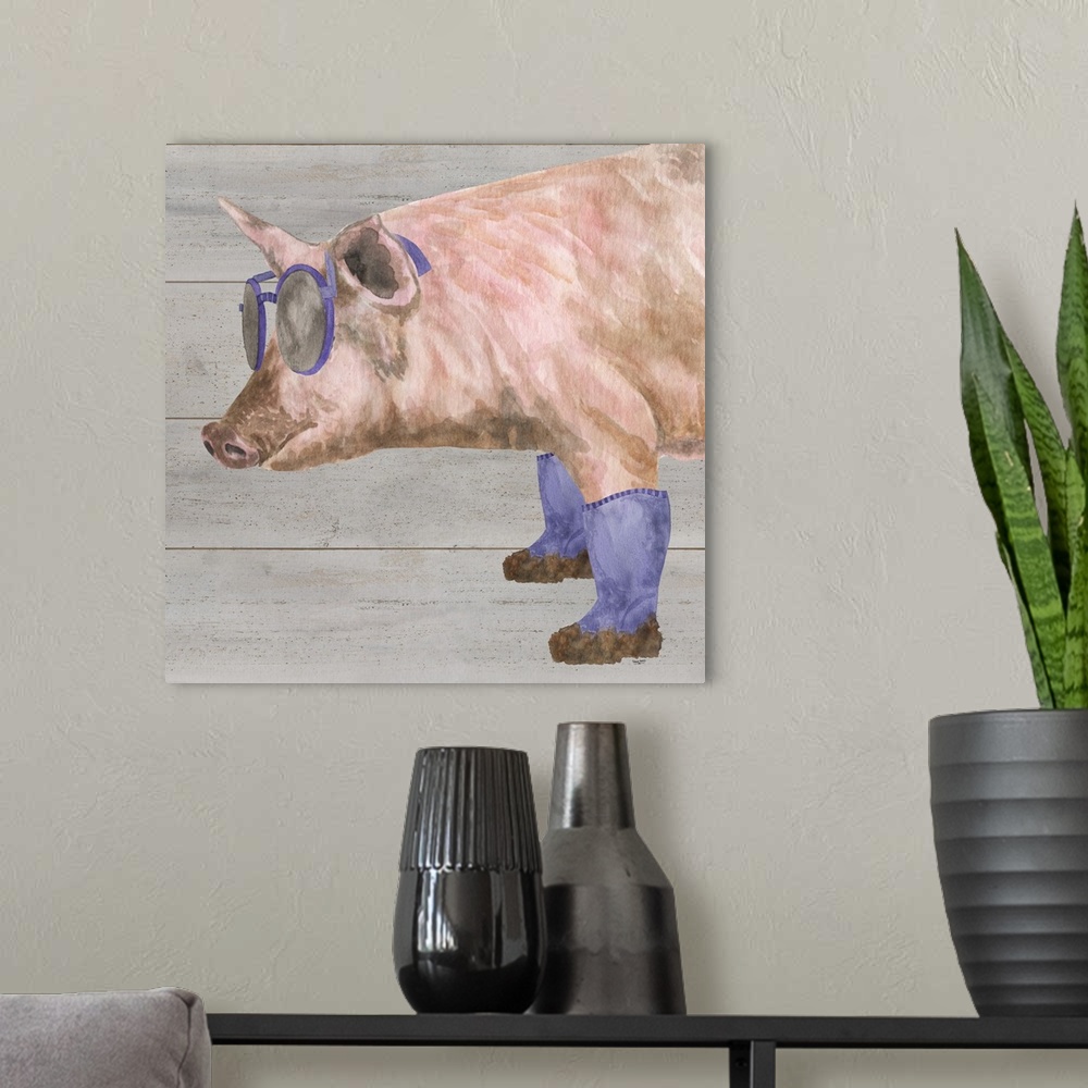 A modern room featuring A pig wearing glasses and purple boots against of grey wood background.
