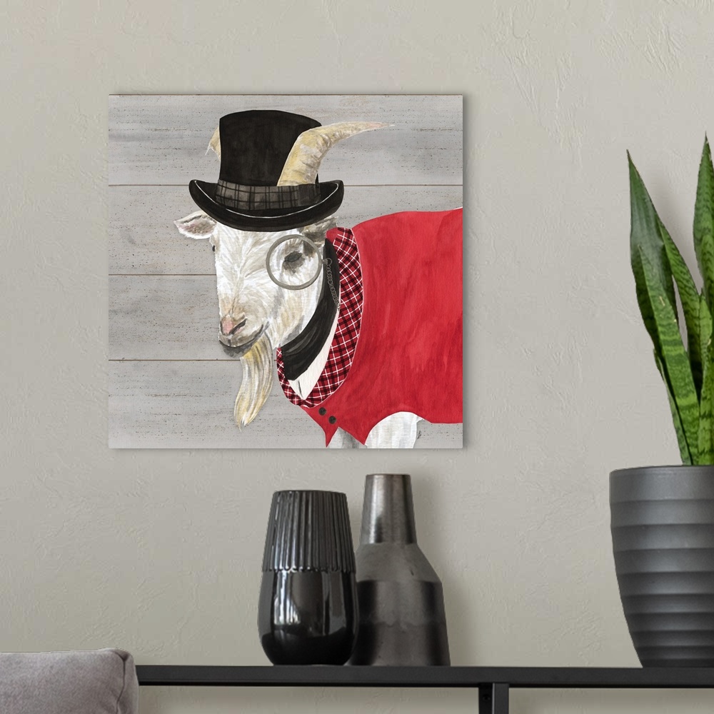 A modern room featuring A white goat wearing a red vest, top hat and monacle against of grey wood background.
