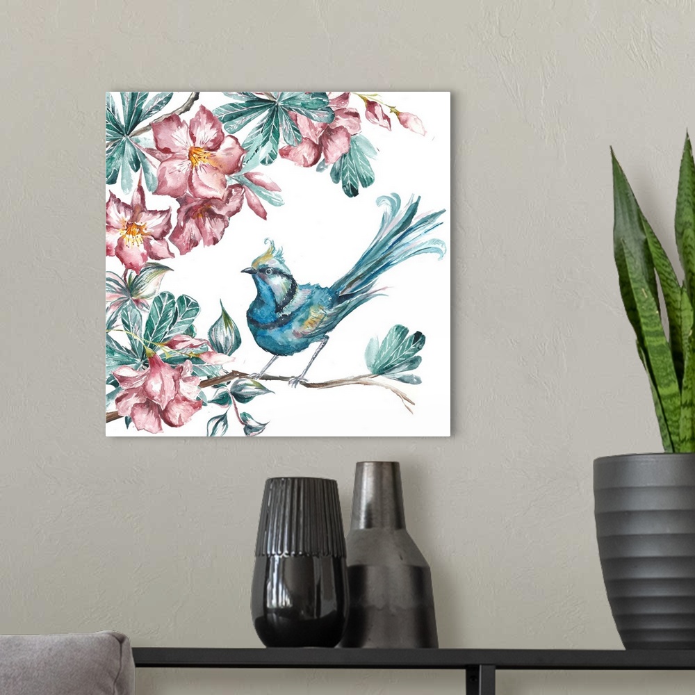 A modern room featuring A square painting of a bird perched on a branch with bright pink flowers on a white background.
