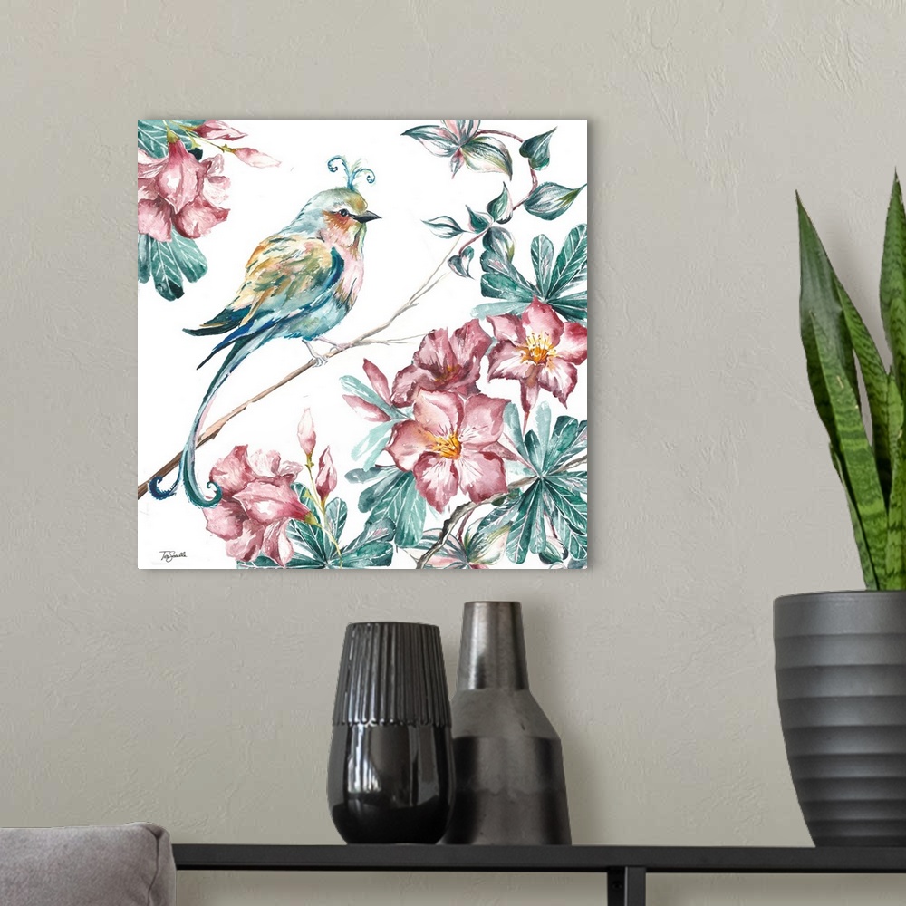 A modern room featuring A square painting of a bird perched on a branch with bright pink flowers on a white background.