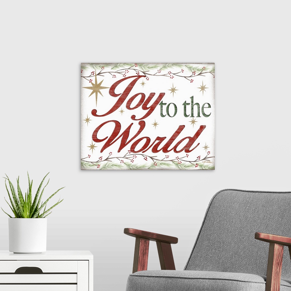 A modern room featuring "Joy To The World" in red and green bordered by holly branches and surrounded by gold stars with ...