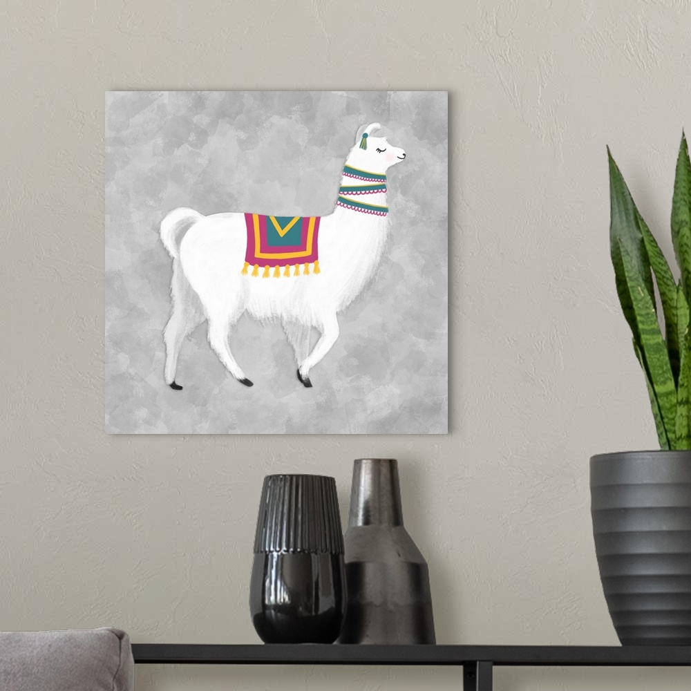 A modern room featuring A decorative image of a white llama walking on a gray backdrop.