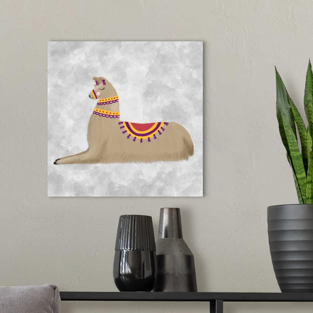 A modern room featuring A decorative image of a brown llama sitting on a gray backdrop.