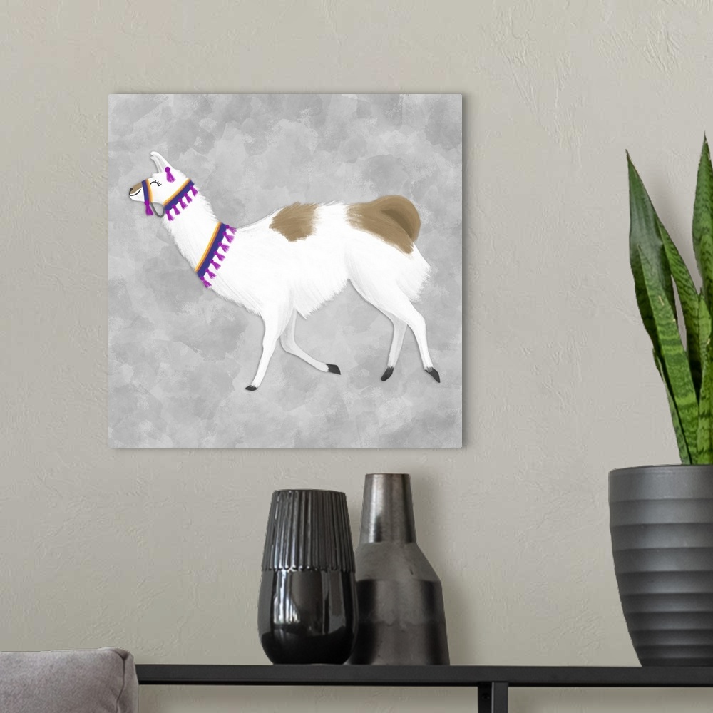 A modern room featuring A decorative image of a white and brown llama walking on a gray backdrop.