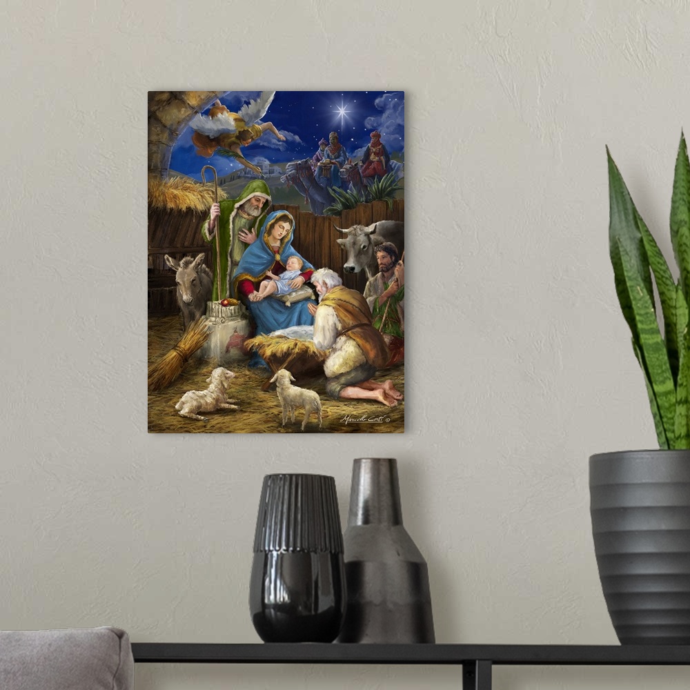 A modern room featuring Contemporary artwork of the manger scene of Mary and Joseph with baby Jesus as the shepards visit.
