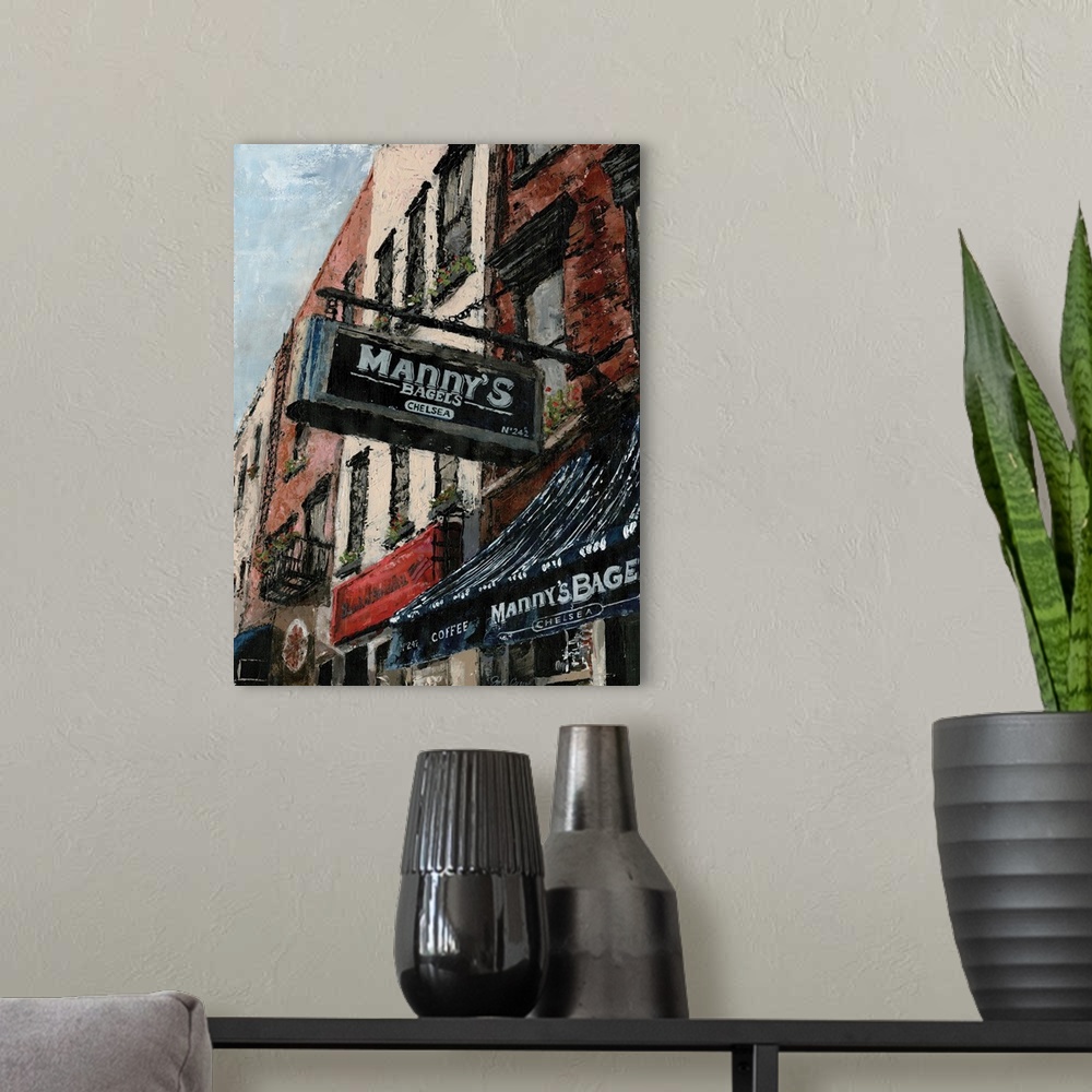A modern room featuring A contemporary painting of a New York neighborhood street scene of row building and businesses.