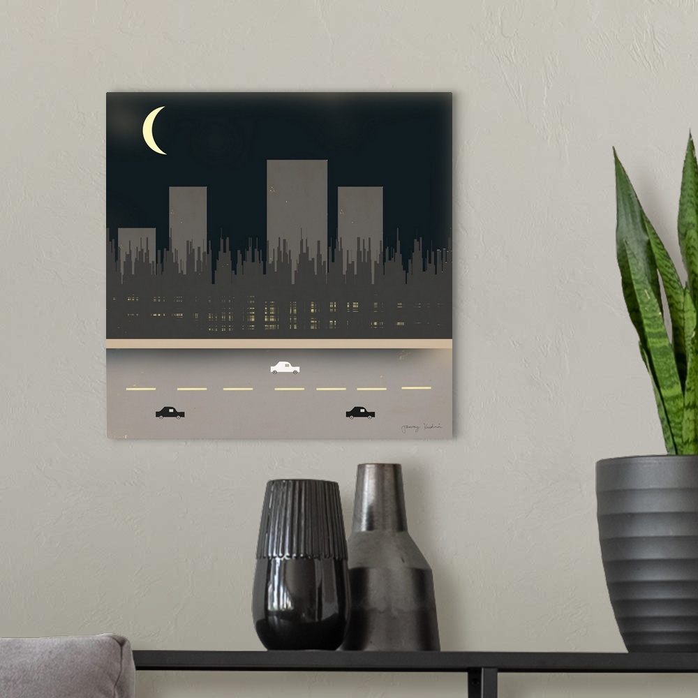 A modern room featuring A square illustration of a night time city scene of cars on a road with a city landscape in the b...