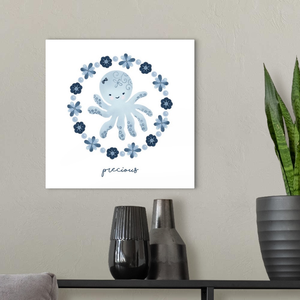 A modern room featuring An adorable design of an octopus surrounded by flowers, all in shades of blue and the word 'preci...