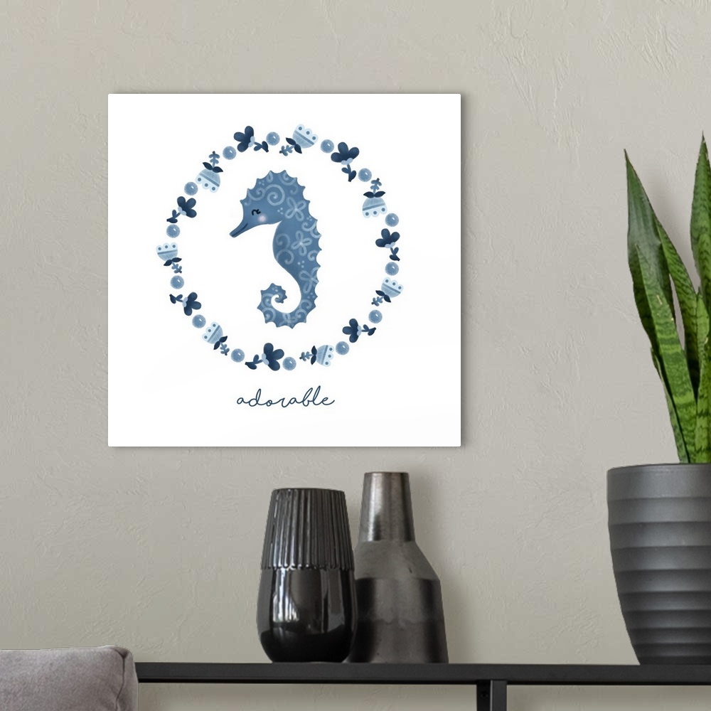 A modern room featuring A sweet design of a seahorse surrounded by flowers, all in shades of blue and the word 'adorable'.