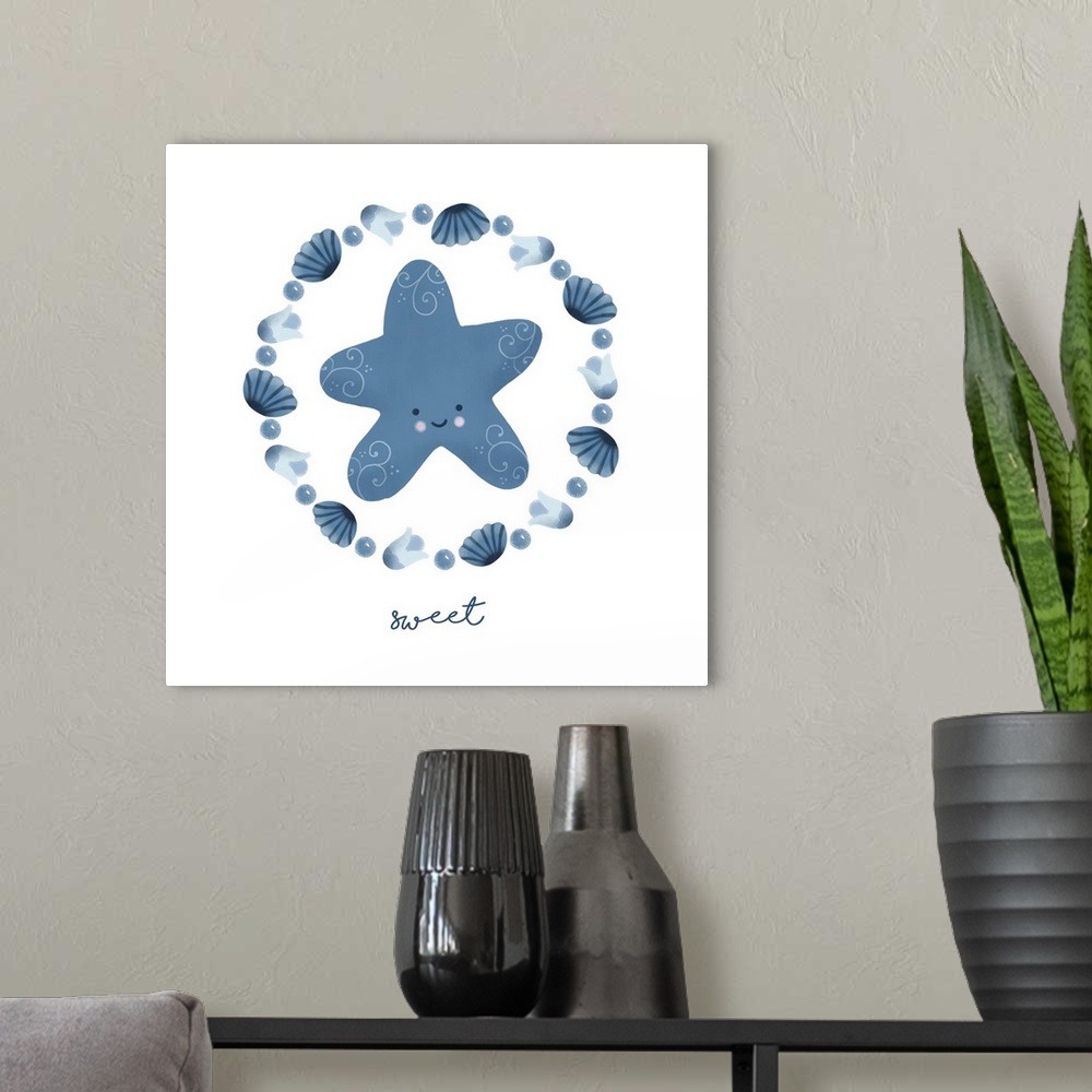 A modern room featuring An adorable design of a starfish surrounded by flowers and shells, all in shades of blue and the ...