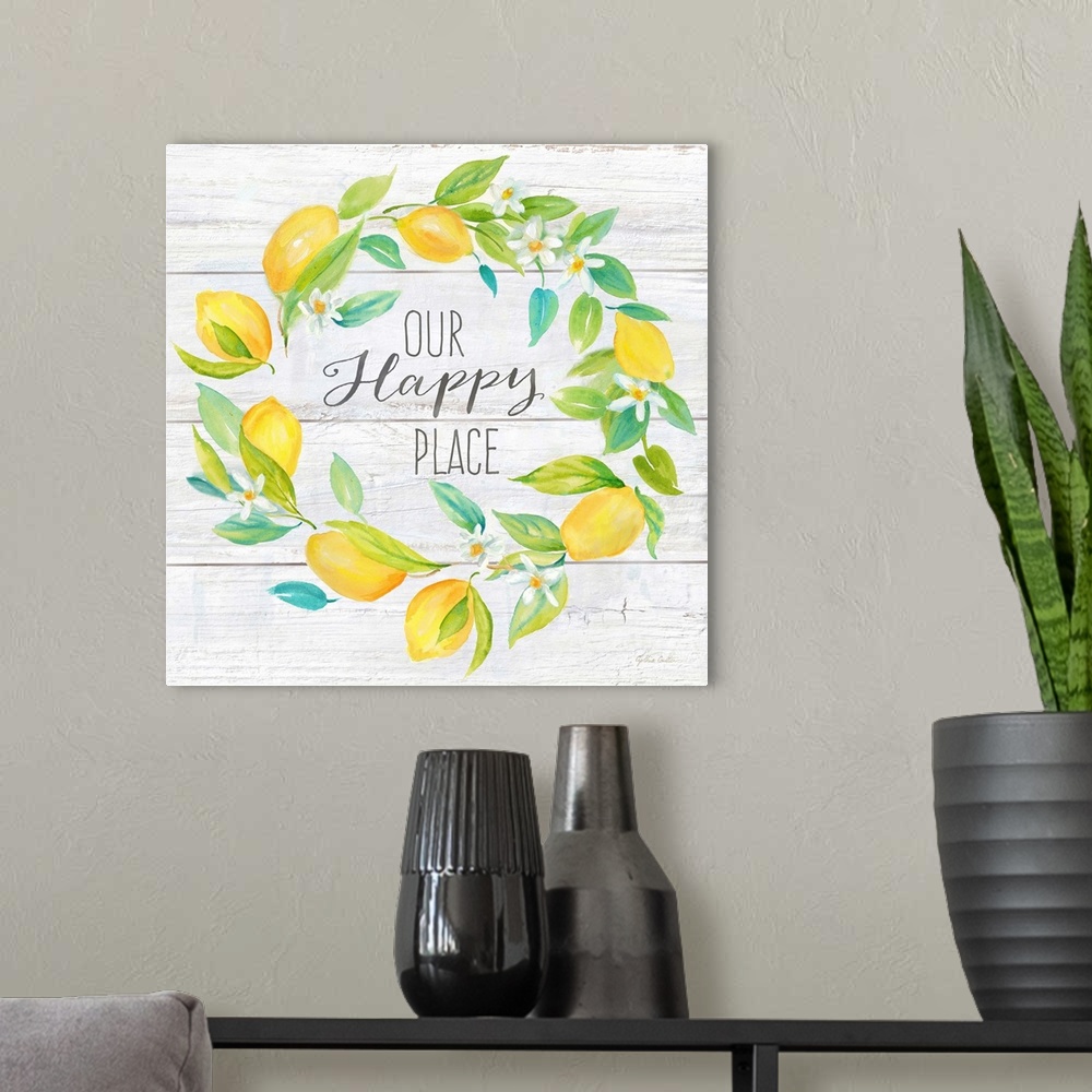 A modern room featuring Our Happy Place Lemon Wreath