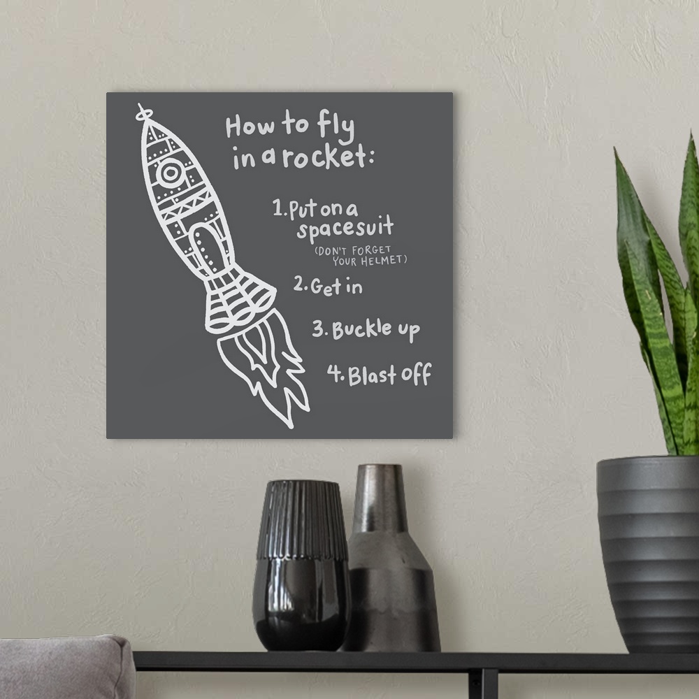 A modern room featuring Directions on how to fly in a rocket on a dark gray background.