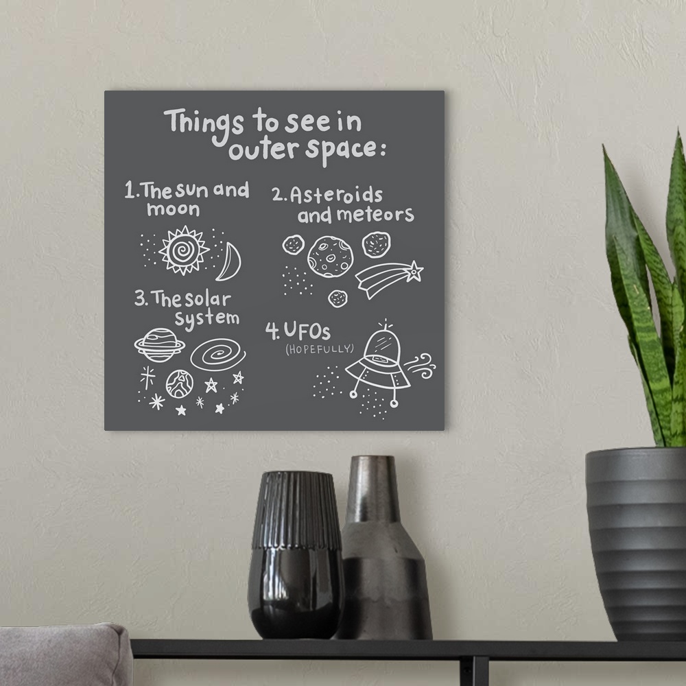 A modern room featuring Illustration of things to see in outer space on a dark gray background.