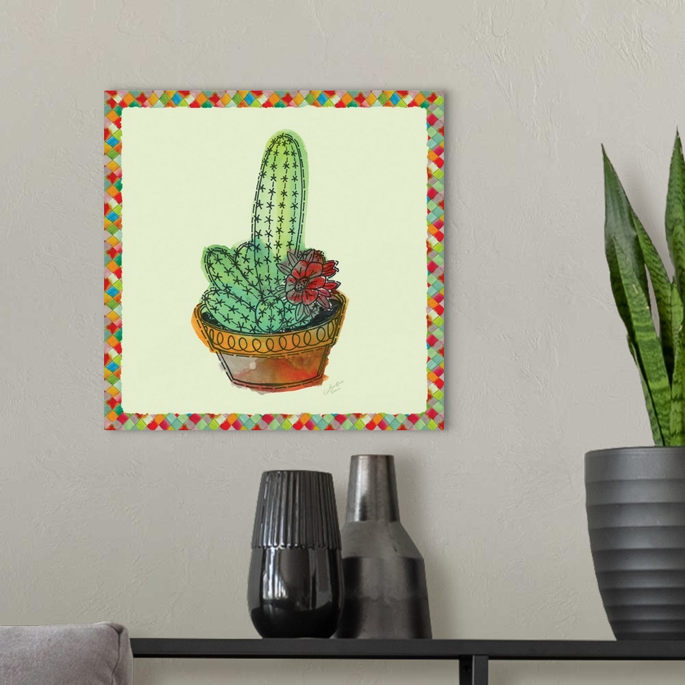 A modern room featuring A decorative watercolor painting of succulents in colorful clay pot with a multi-colored square b...