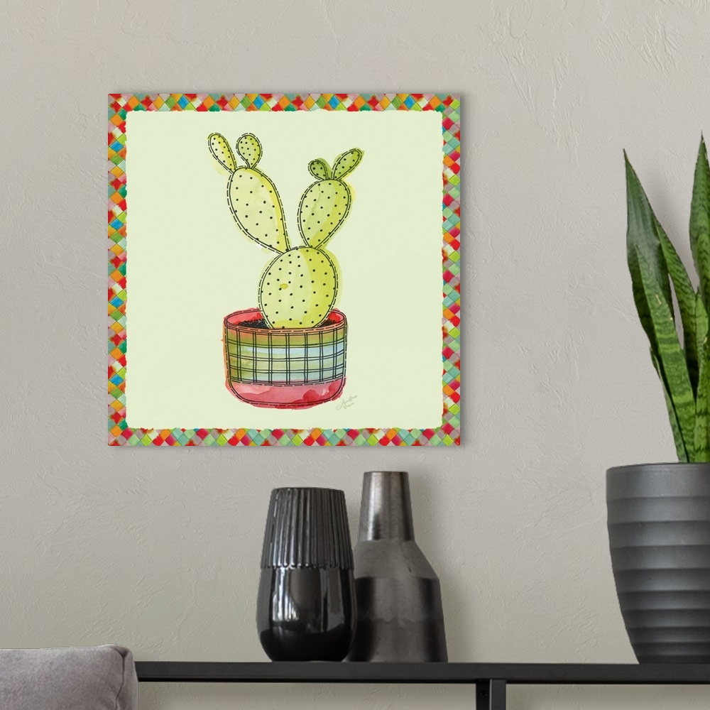 A modern room featuring A decorative watercolor painting of succulents in colorful clay pot with a multi-colored square b...