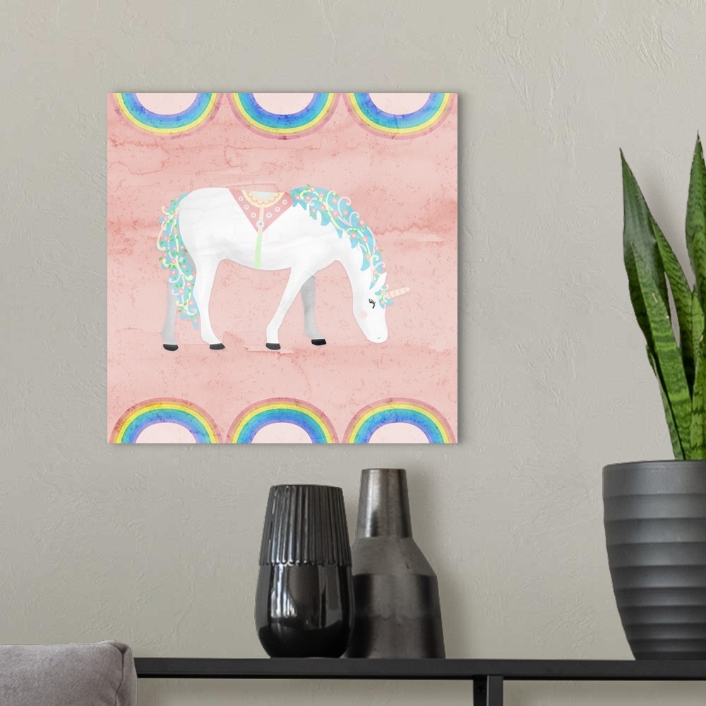 A modern room featuring A decorative whimsical design of a white and blue unicorn with a watercolor orange background bor...