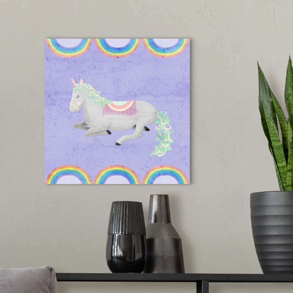 A modern room featuring A decorative whimsical design of a gray and green unicorn with a watercolor purple background bor...