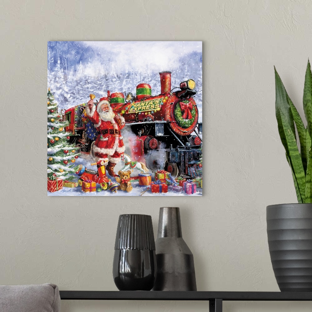 A modern room featuring Contemporary painting of Santa with the Santa Express train and many toys on a snowy night.