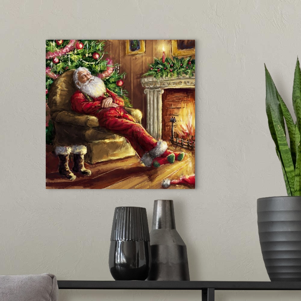 A modern room featuring A traditional painting of Santa resting in an armchair in front of a fireplace.