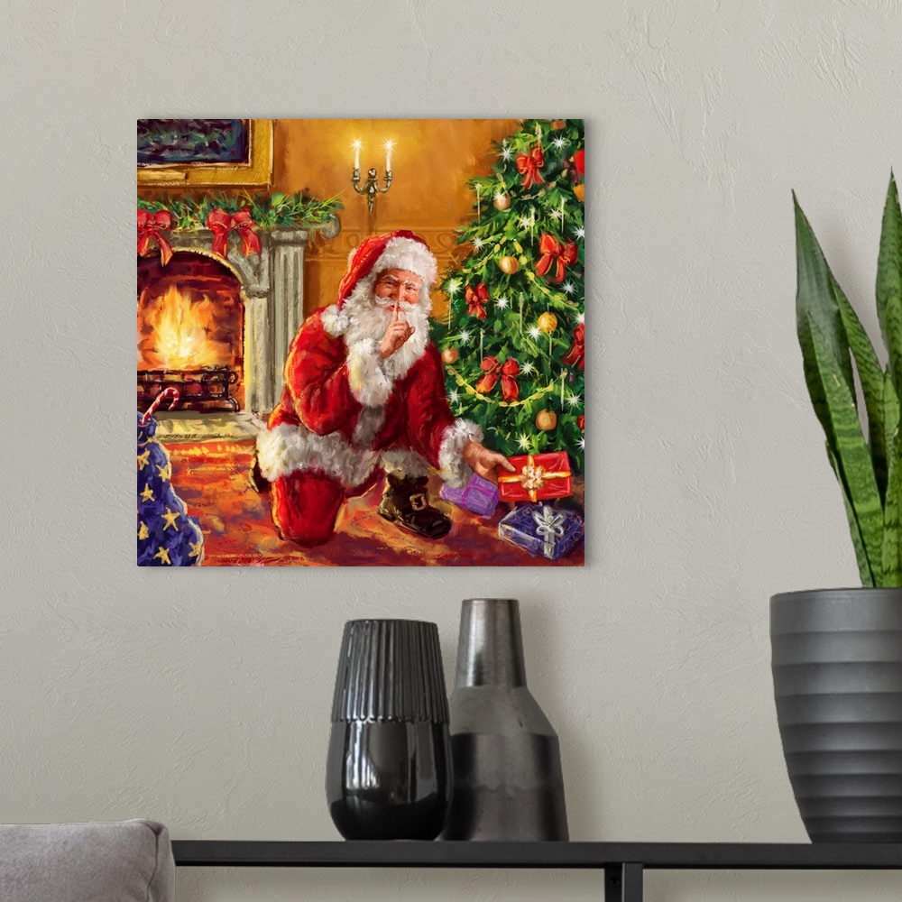 A modern room featuring A contemporary painting of Santa putting presents on a Christmas tree while signalling to be quiet.