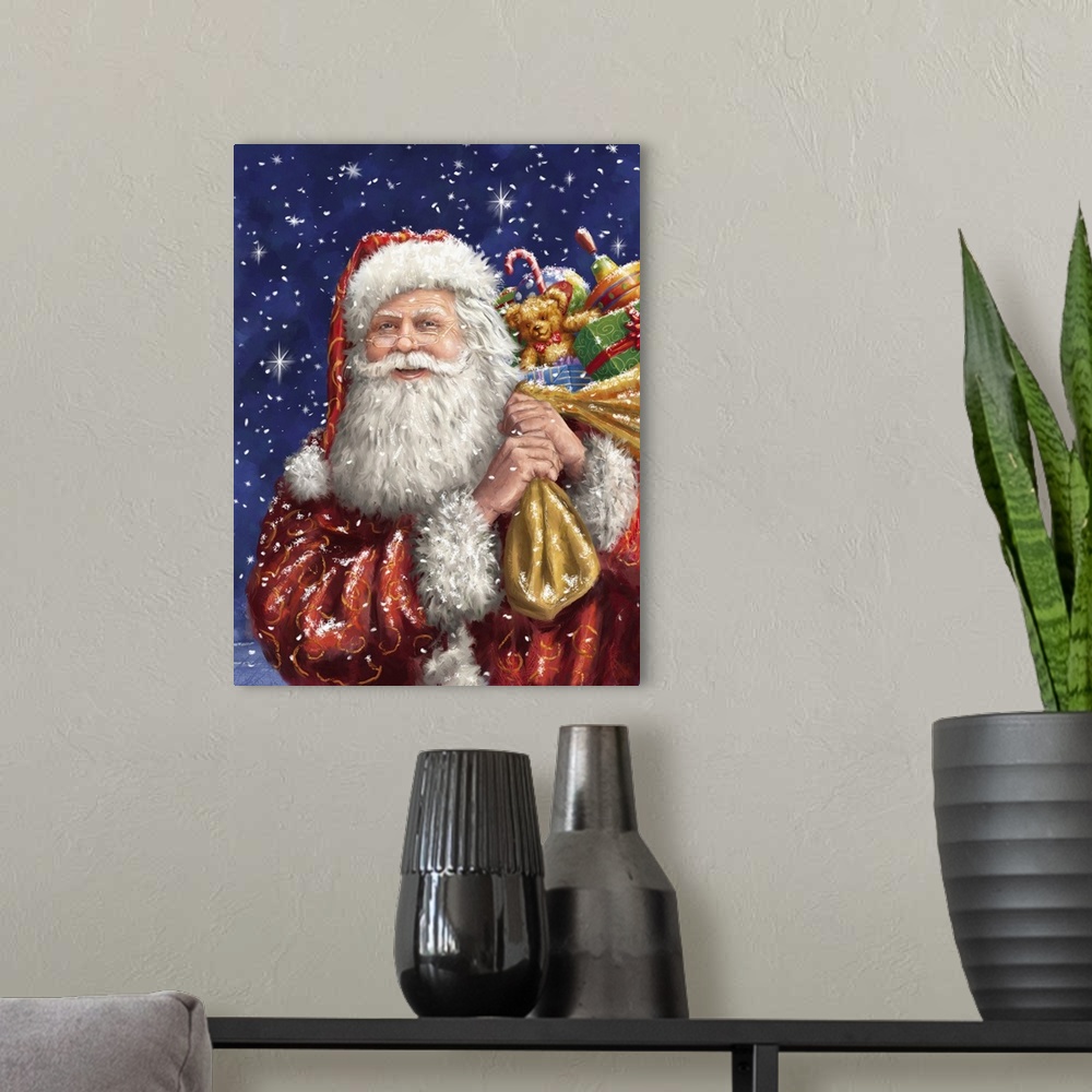 A modern room featuring A traditional painting of Santa carrying a sack full of toys while the snow if falling on a starr...