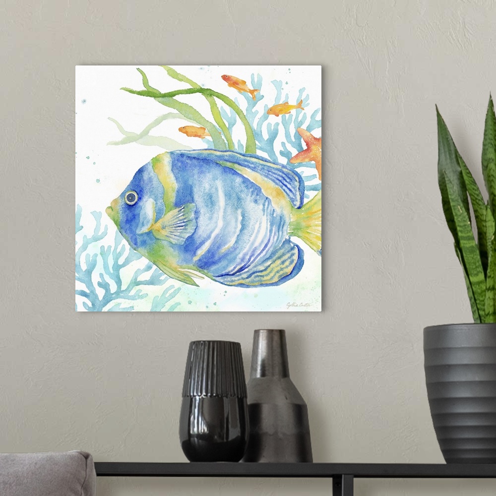 A modern room featuring An artistic watercolor painting of a fish and coral underwater in cool tones of blue and green.