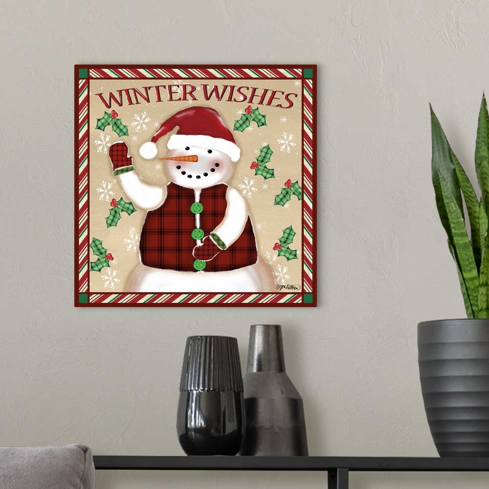 A modern room featuring "Winter Wishes" with a snowman along with snowflakes and holly on a beige backdrop, bordered with...