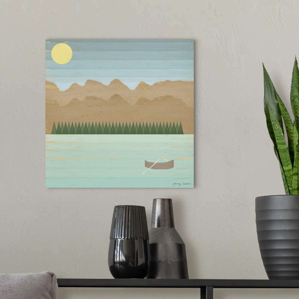 A modern room featuring A decorative design with horizontal lines of a canoe on a lake in the mountains with a fading sky...