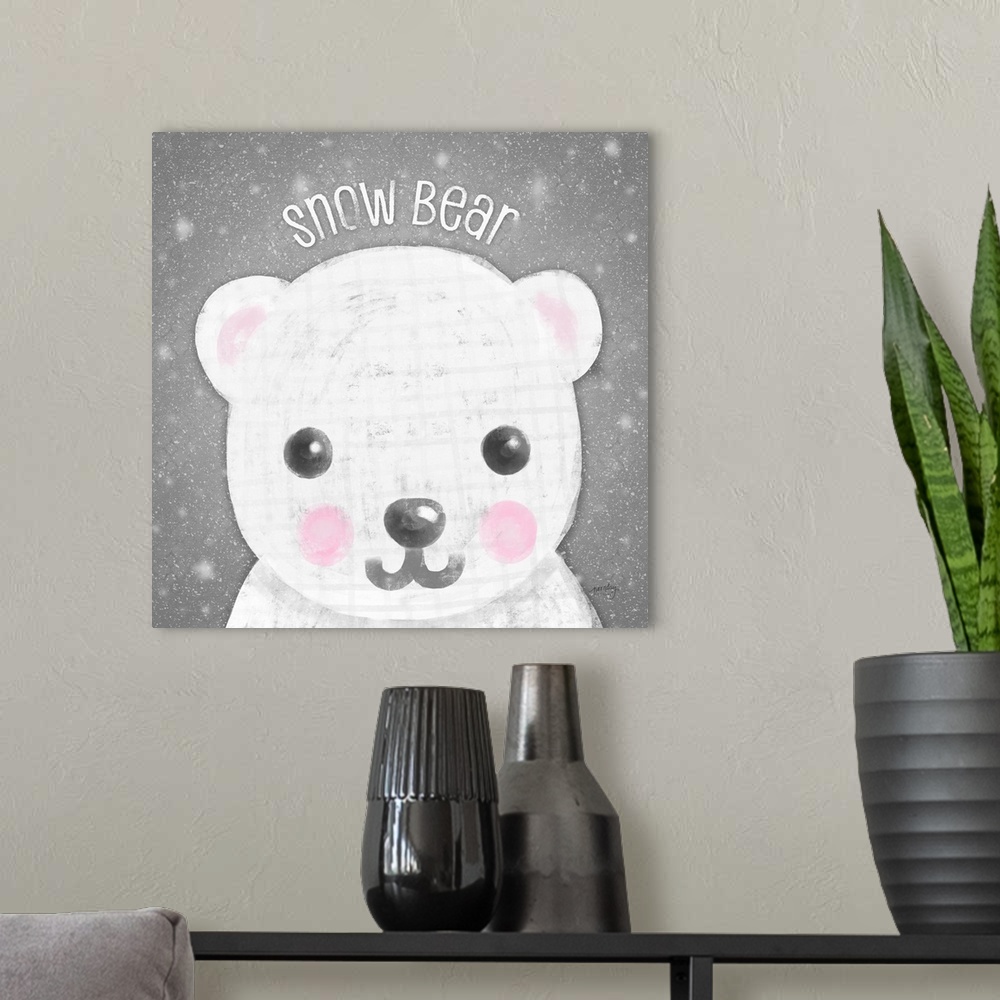 A modern room featuring Adorable decorative image of a polar bear with a snowy gray background and a light gray grid over...